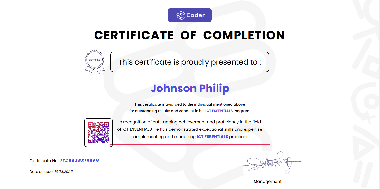 Sample Codar Tech Africa certificate
