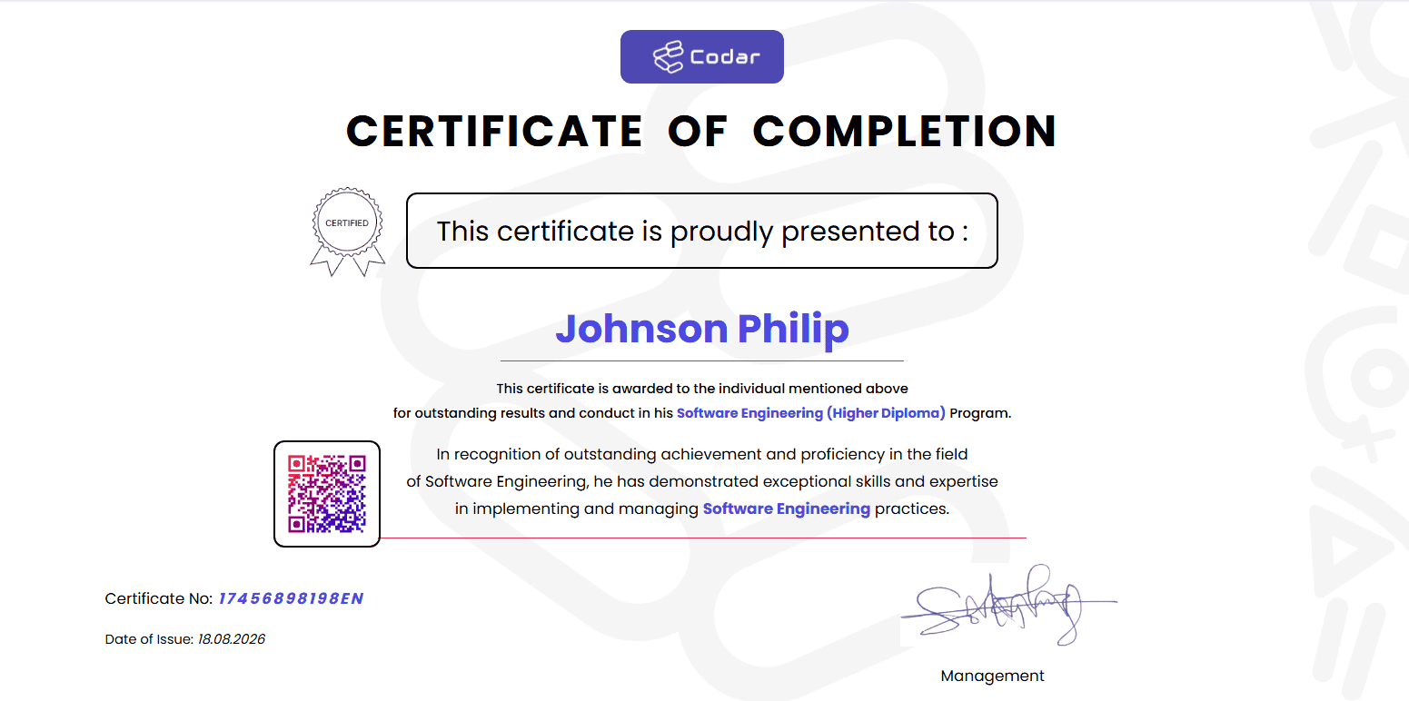 Sample Codar Tech Africa certificate