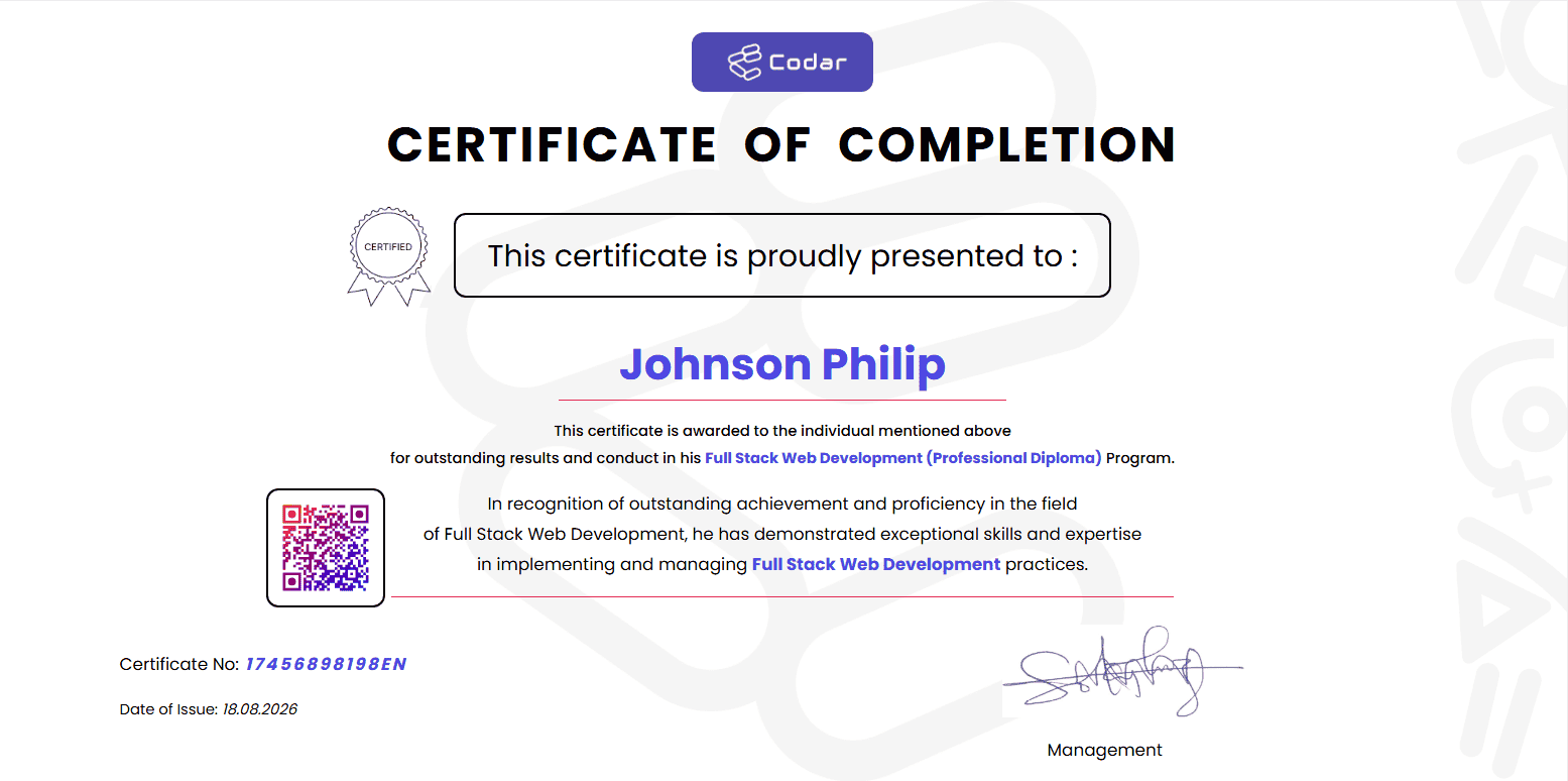 Sample Codar Tech Africa certificate